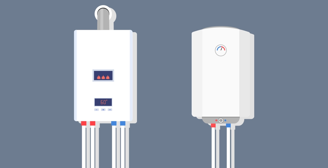 An illustration of two tankless home water heaters.