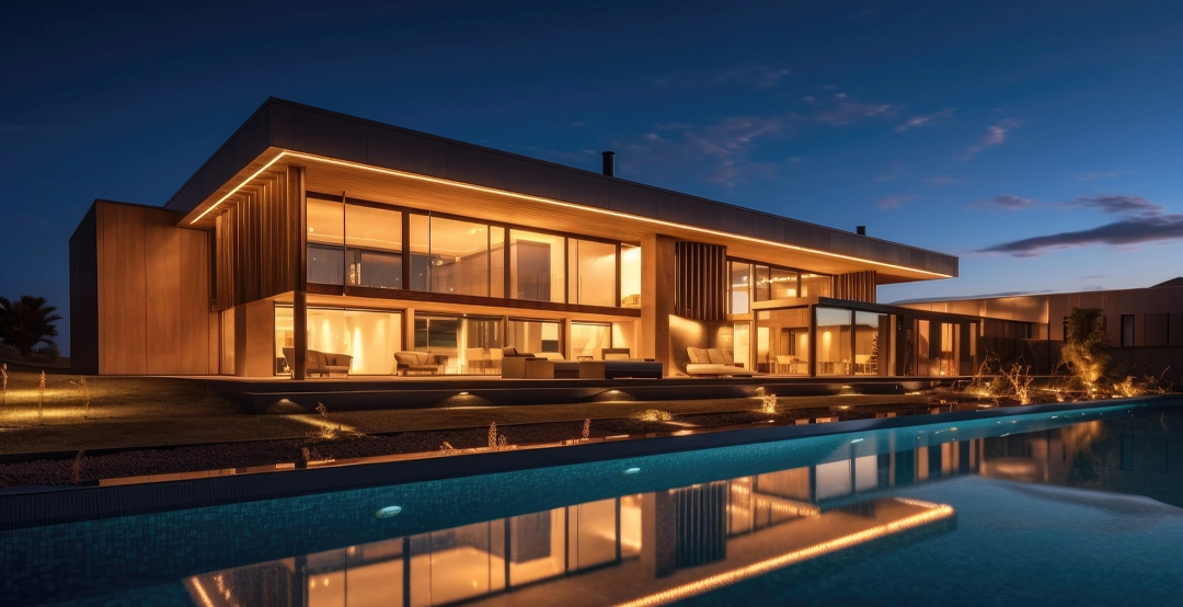 Large house with LED lighting on the roof.