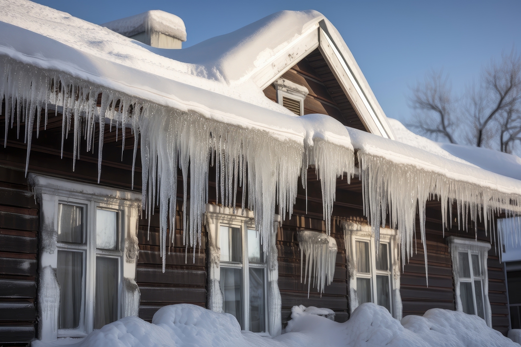 pile of snow, with icicles hanging from the roof and windows