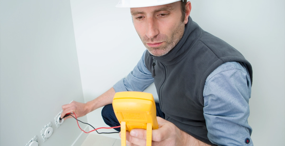 An electrician testing an electrical outlet in a home.