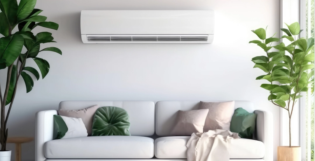 A mini split heat pump air conditioning system in a living room.