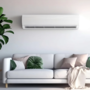 A mini split heat pump air conditioning system in a living room.