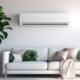 A mini split heat pump air conditioning system in a living room.