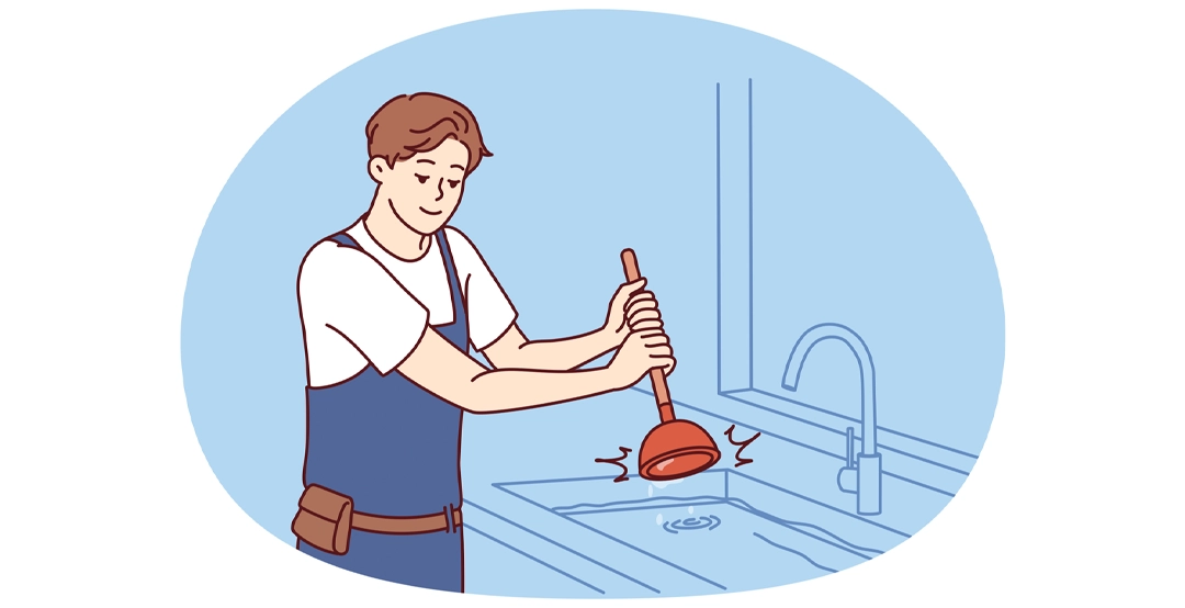 preventClogsLG An illustration of a man using a plunger to clear a clogged sink drain.