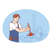 An illustration of a man using a plunger to clear a clogged sink drain.