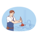 An illustration of a man using a plunger to clear a clogged sink drain.