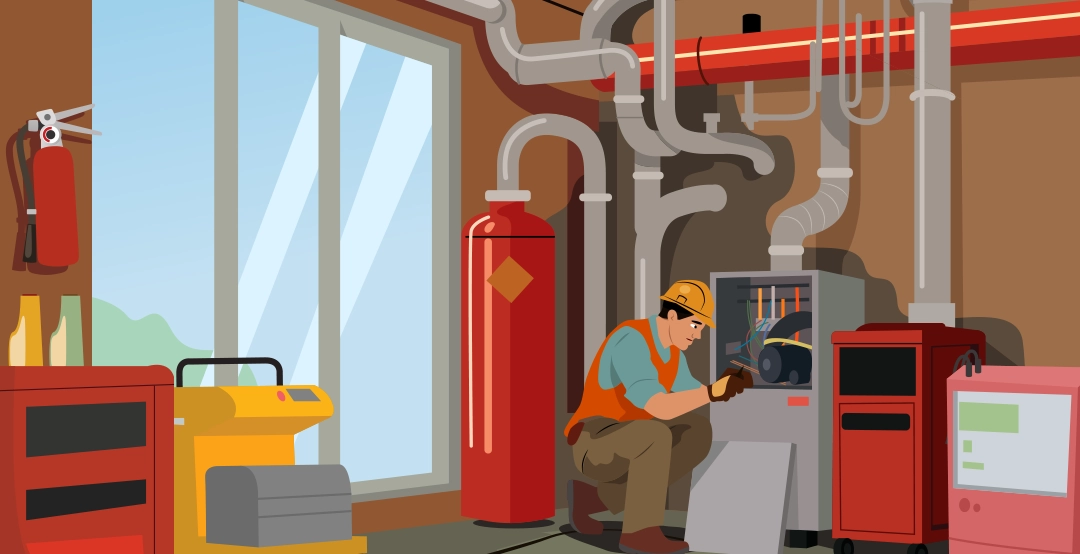 hvacTechnicianLG An illustration of an HVAC technician working on a furnace.