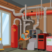 An illustration of an HVAC technician working on a furnace.