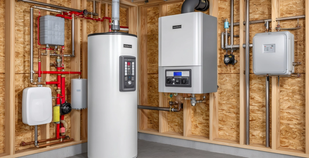 mechanicalRoomLG A mechanical room in a home’s basement with a new furnace.