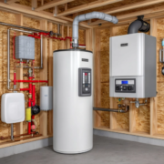 A mechanical room in a home’s basement with a new furnace.