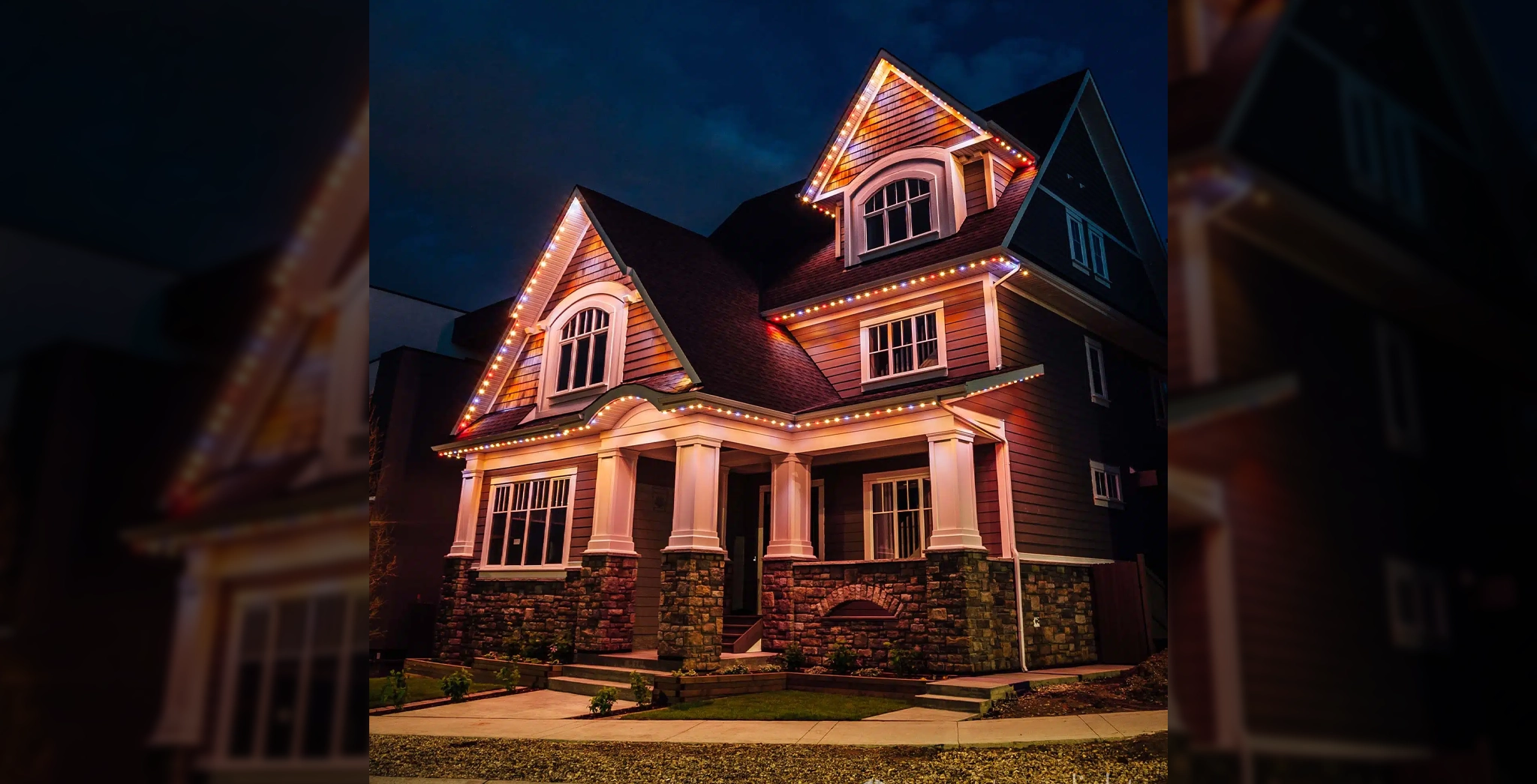 A home using GemStone permanent lights as outdoor Halloween lighting.